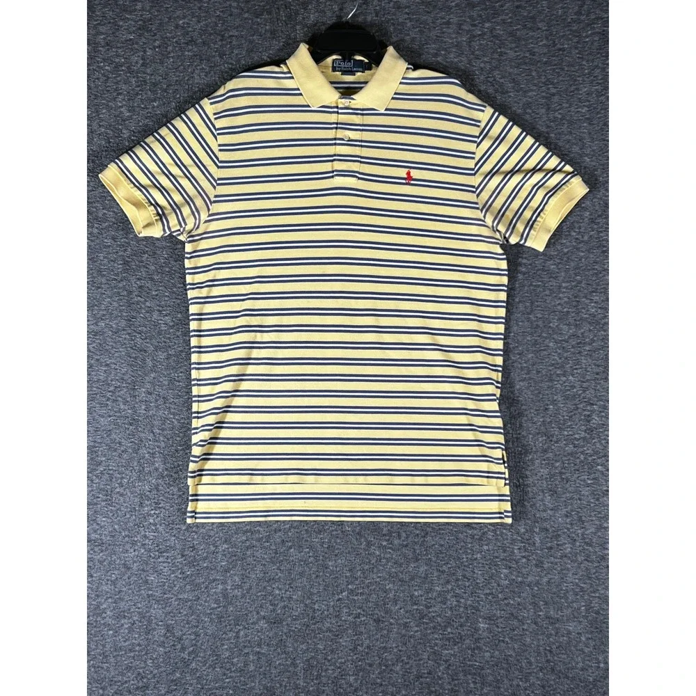 Polo Ralph Lauren Mens Large Yellow Navy Blue Striped Pique Short Sleeve Polo